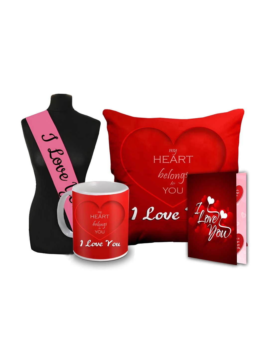 

ME & YOU Red & Pink 4 Pieces Printed Cushion Mug Card Sashe Valentine Gifts Set