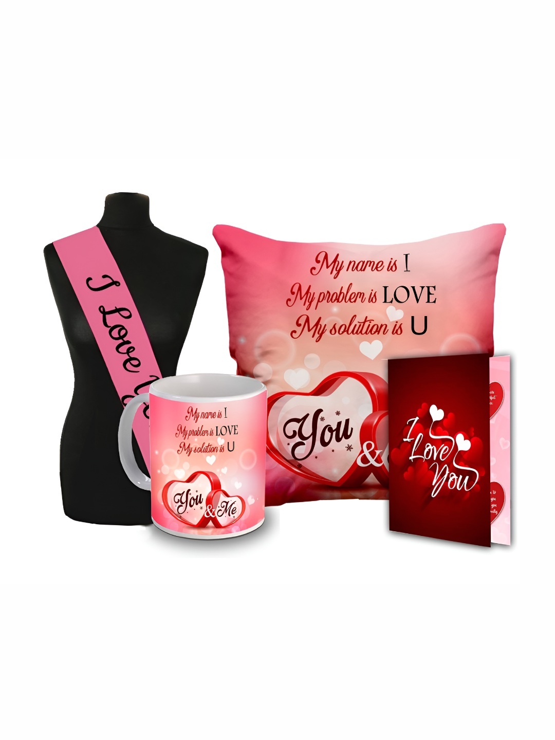 

ME & YOU Red & Pink 4 Pieces Sashe Coffee Mug Card & Cushion With Filler Valentine Gift