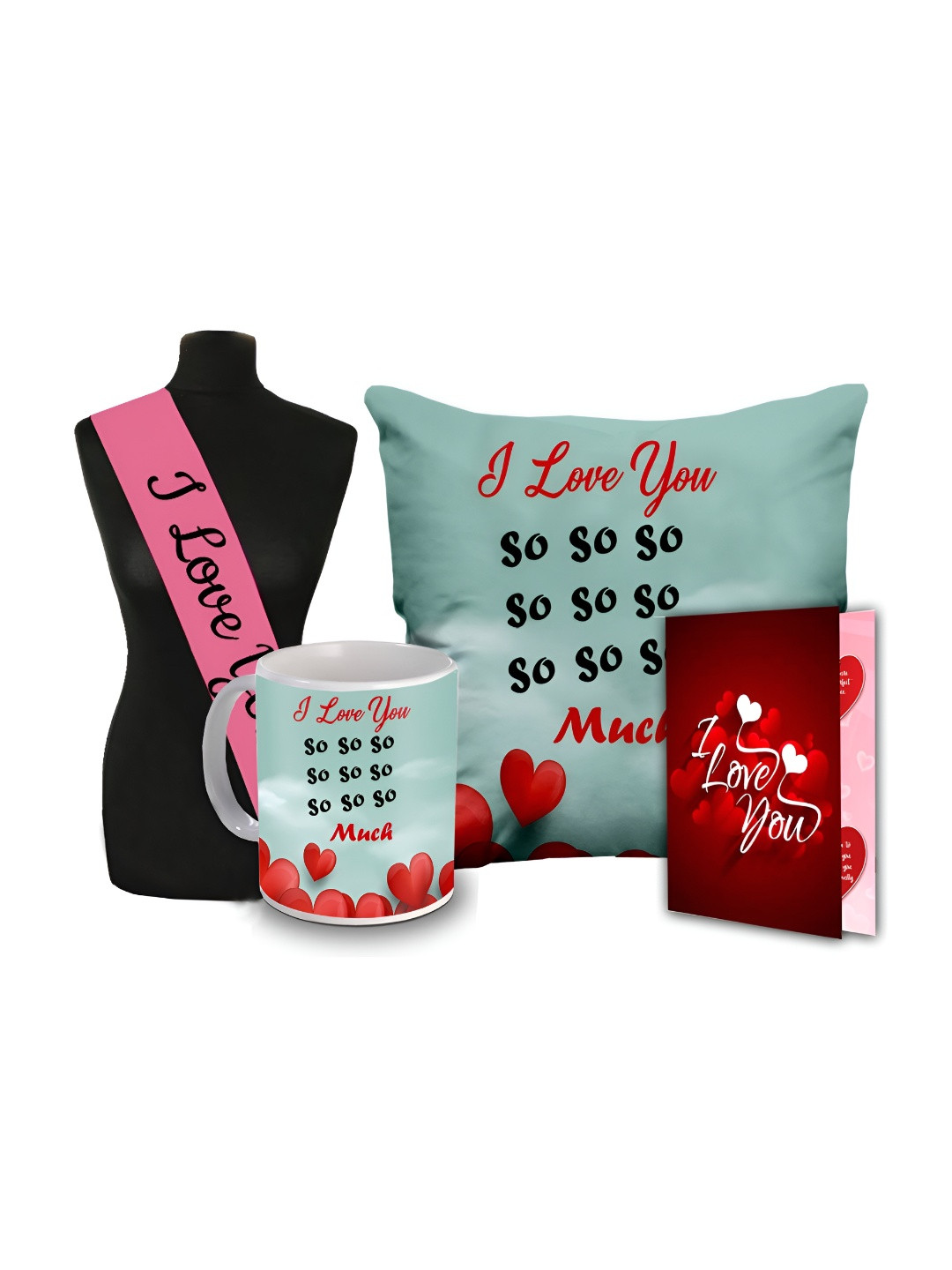

ME & YOU 4-Pcs Blue & Red Printed Cushion Mug Card Sashe Valentine Gifts Set