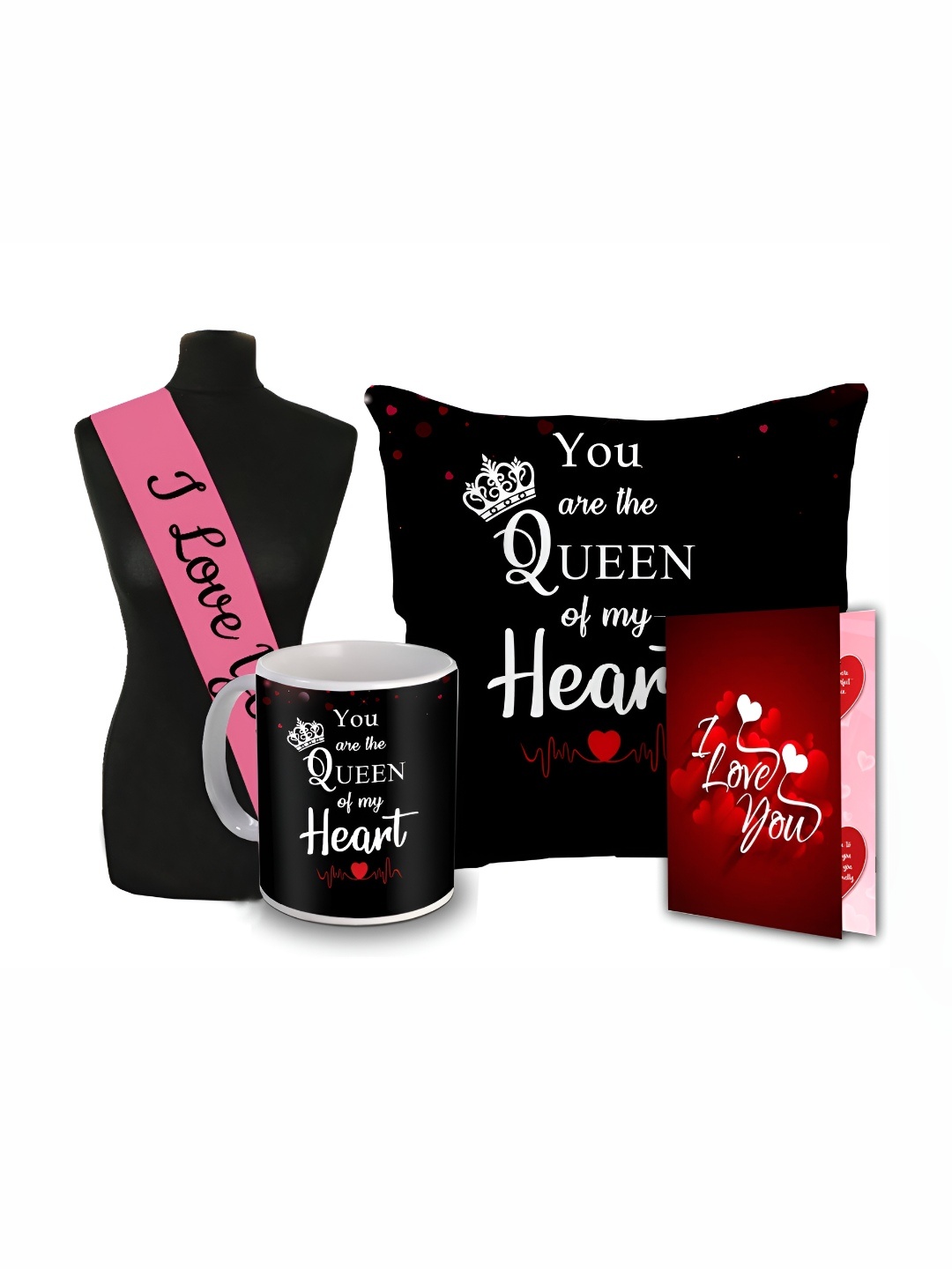 

ME & YOU Black & Red 4 Pieces Printed Cushion Mug Card Sashe Valentine Gifts Set