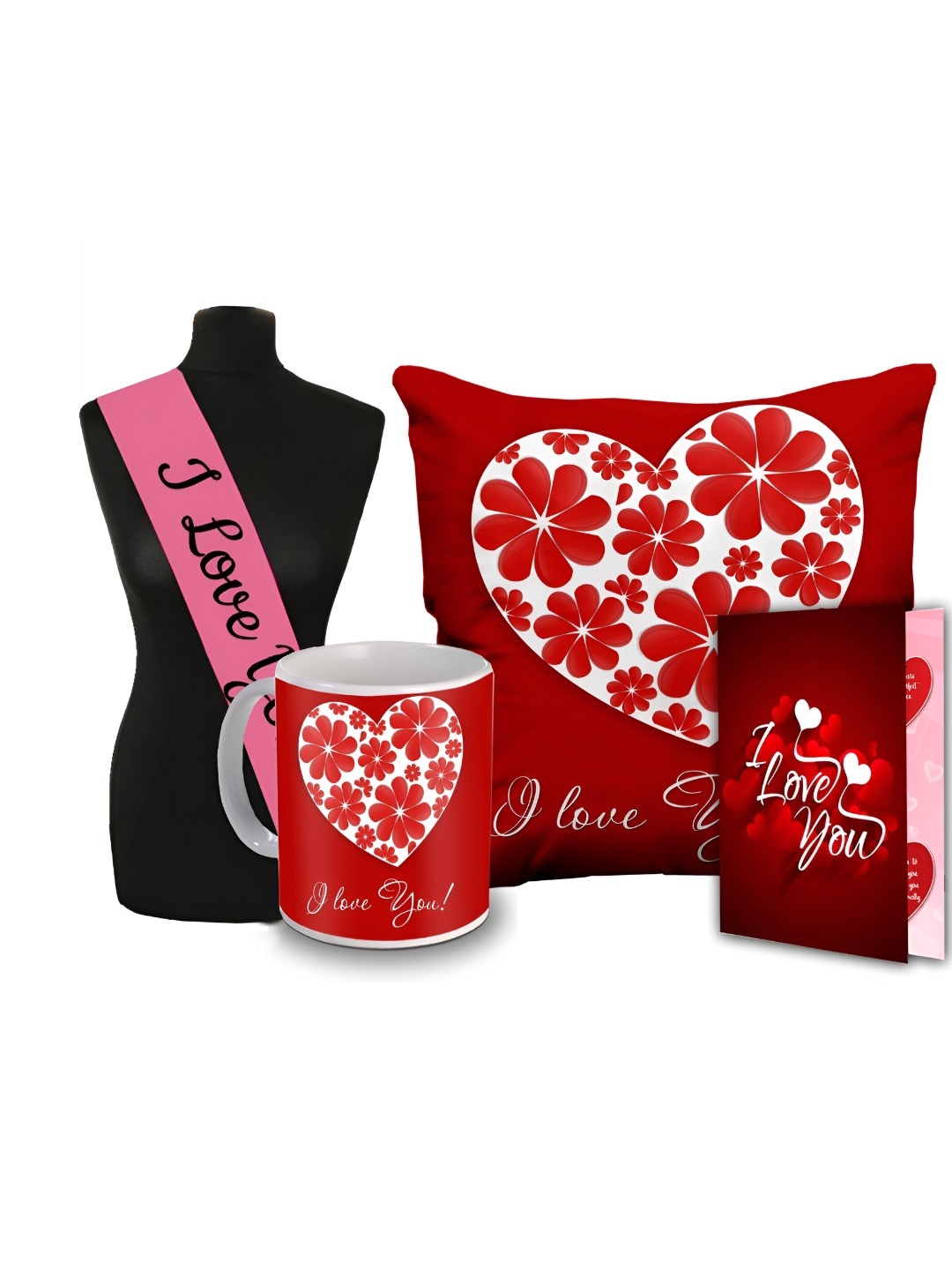 

ME & YOU Red &White 4 Pcs I Love You Printed Mug Greeting Card Sash & Cushion Gift Sets