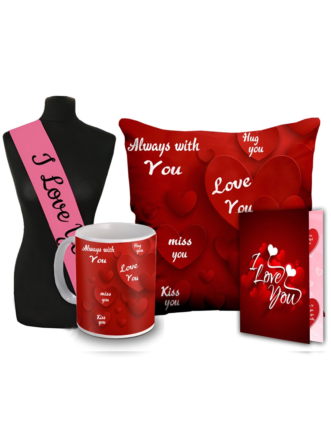 

ME & YOU 4-Pcs Red & Pink Printed Cushion Mug Card Sashe Valentine Gifts Set