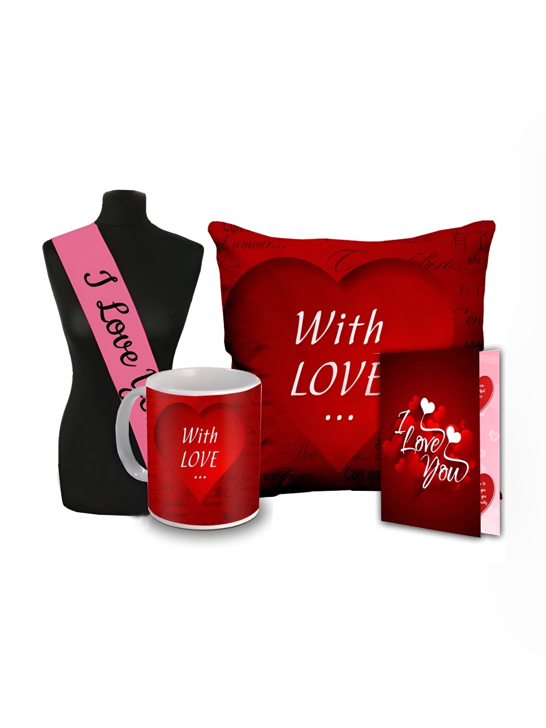 

ME & YOU 4-Pcs Pink & Red Printed Cushion With Filler Sashe Mug & Card Valentine's Gift