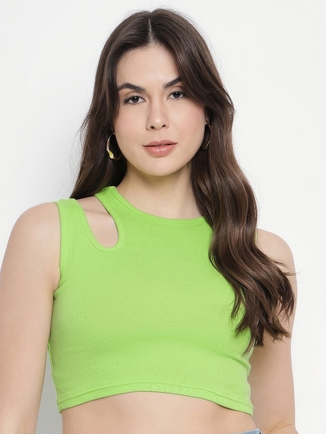 

Mayra Round Neck Cut Out Crop Fitted Top, Fluorescent green