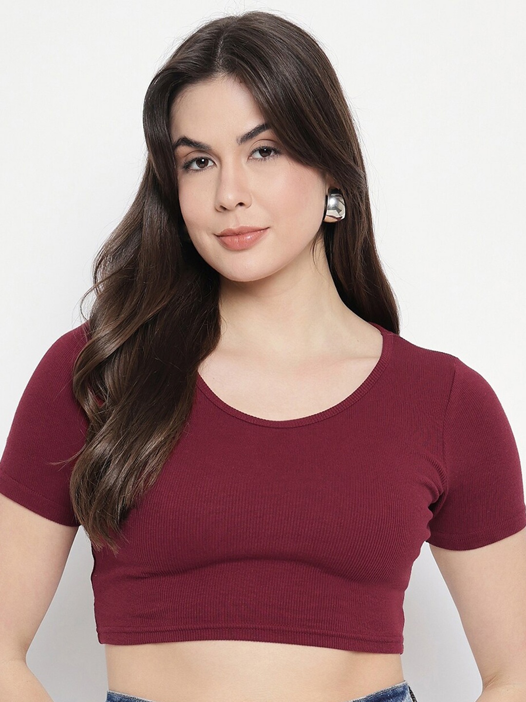 

Mayra Round Neck Fitted Crop Top, Maroon