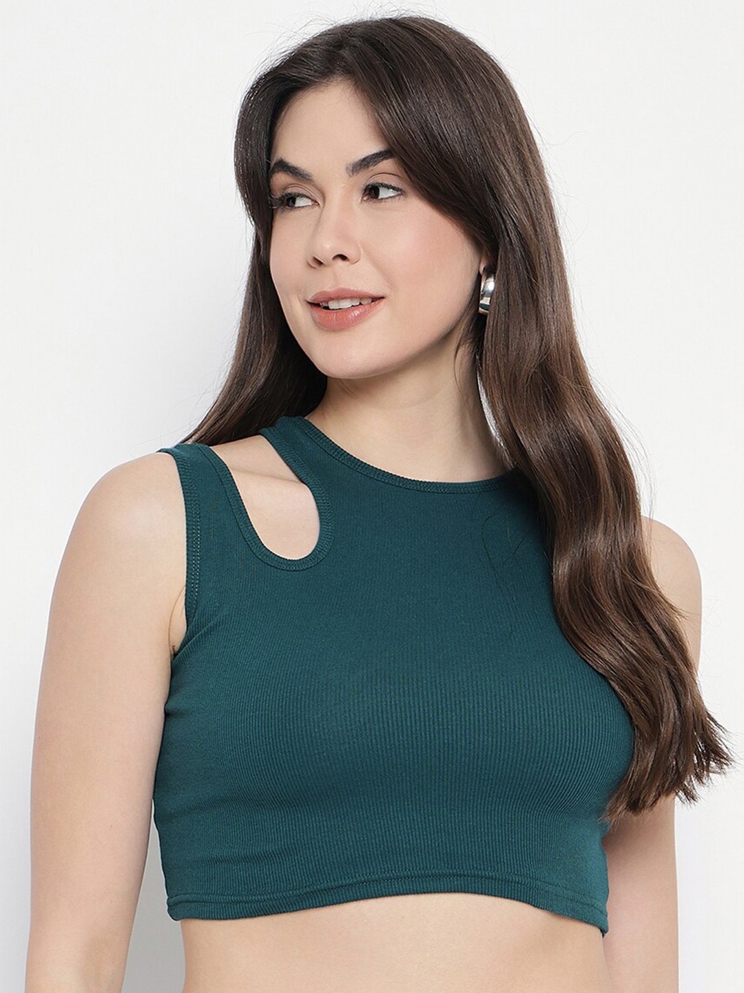 

Mayra Sleeveless Cut Out Crop Fitted Top, Teal