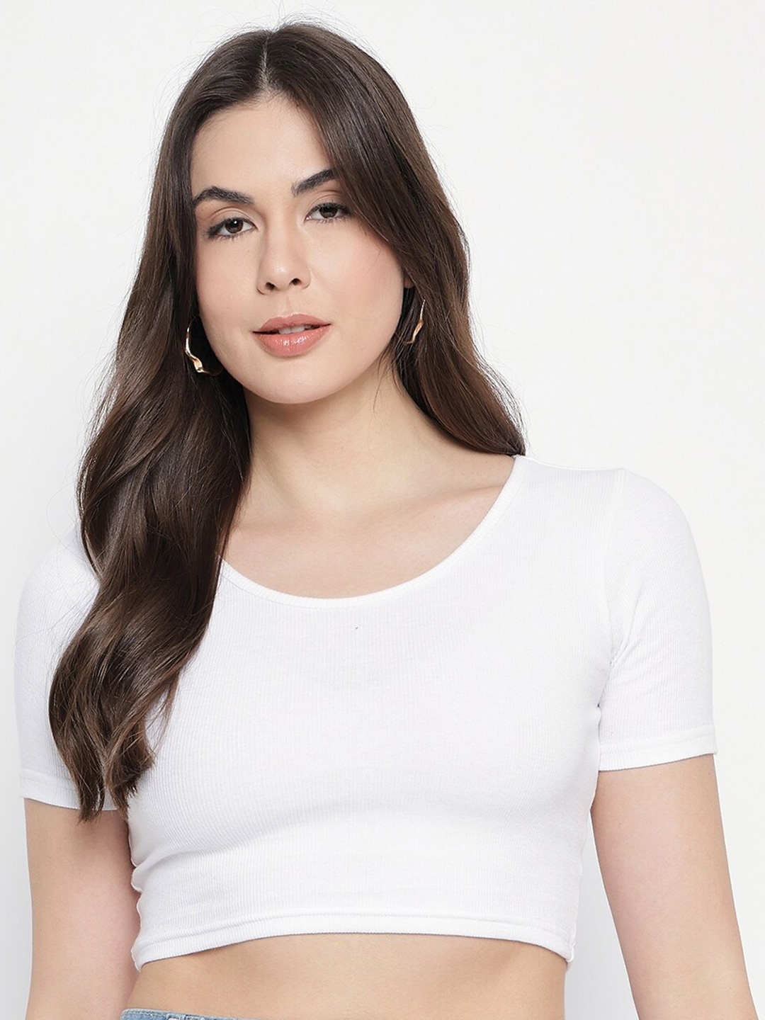 

Mayra Round Neck Fitted Crop Top, White