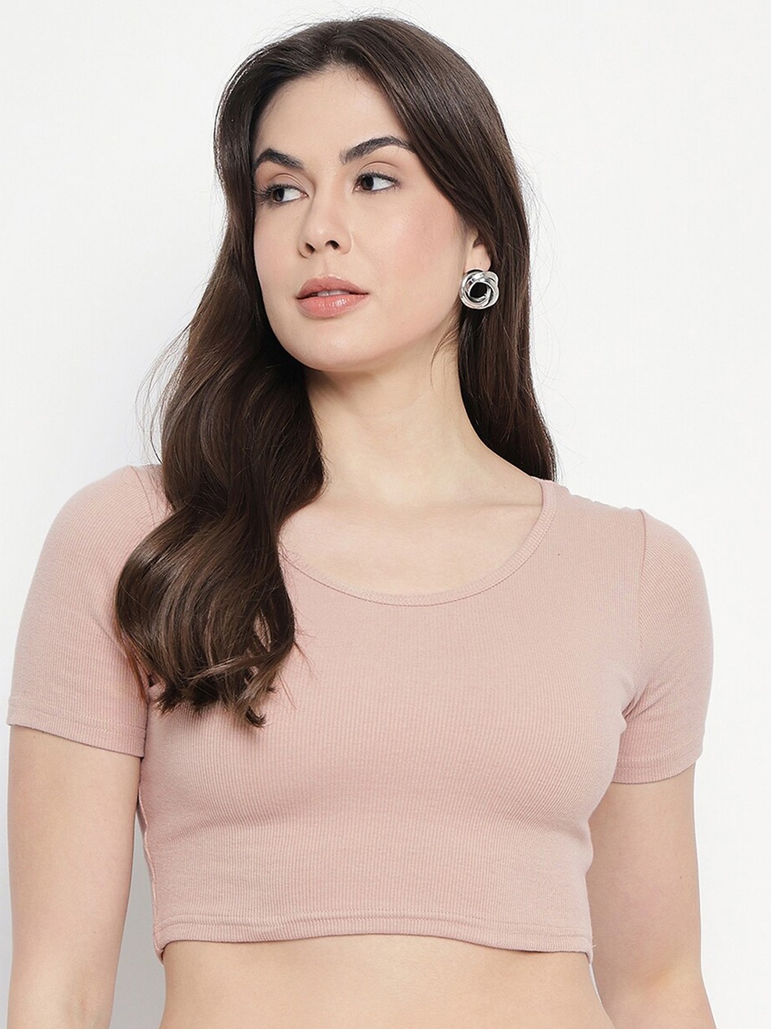 

Mayra Round Neck Fitted Crop Top, Beige