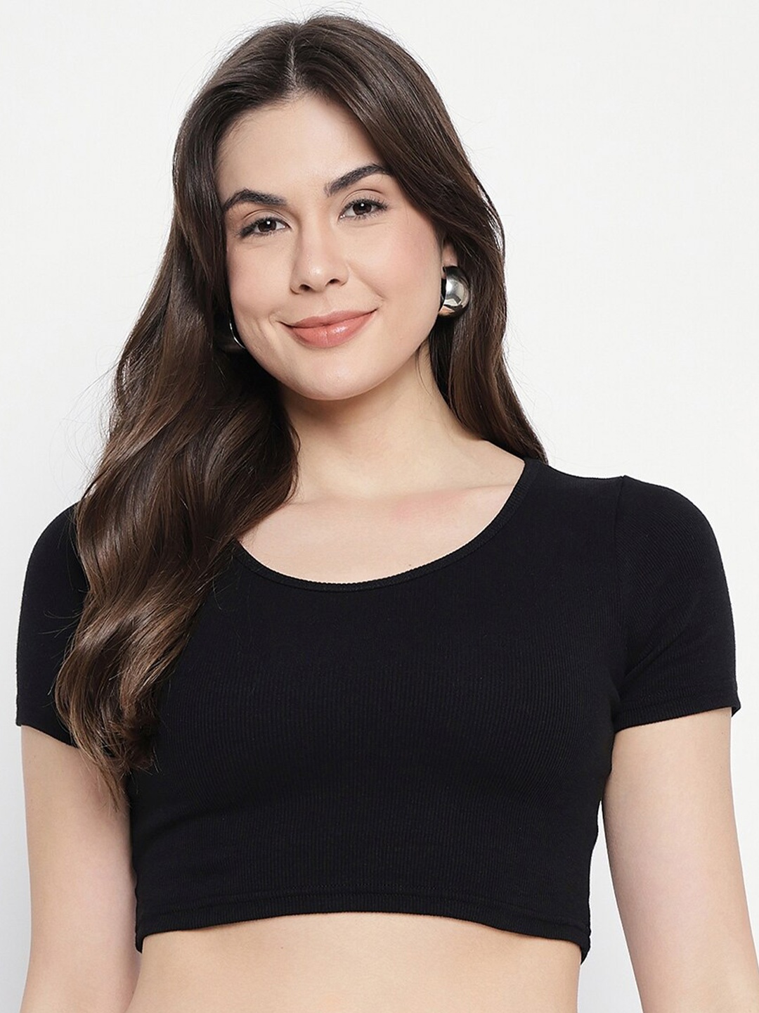

Mayra Round Neck Fitted Crop Top, Black