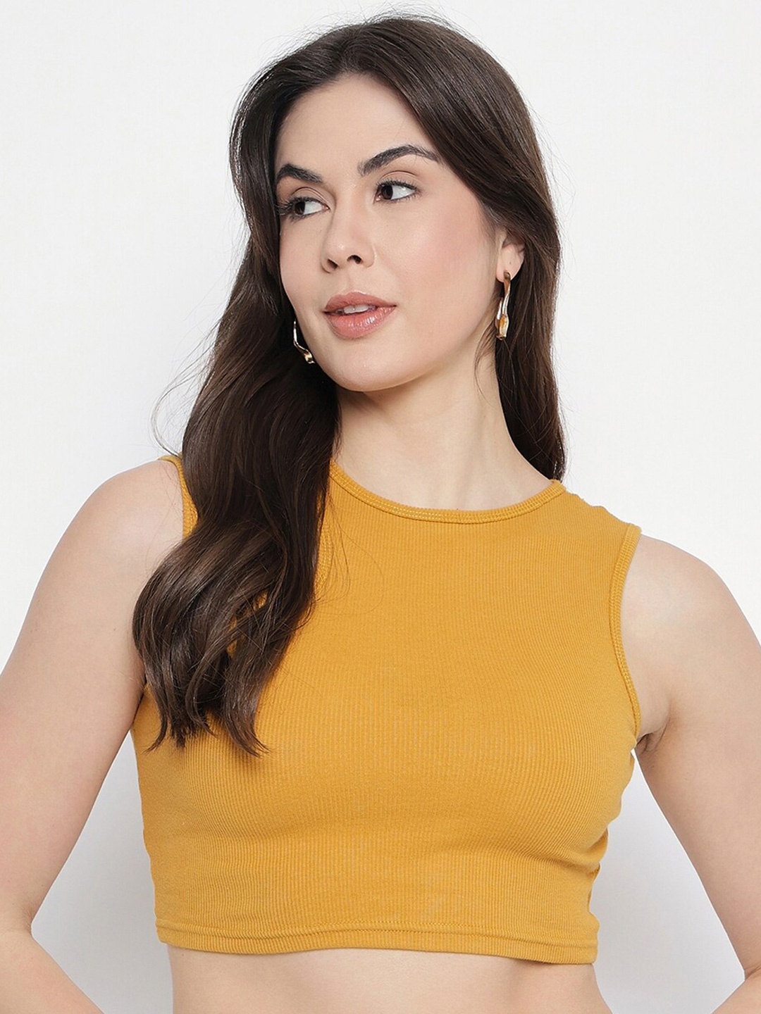 

Mayra Round Neck Fitted Crop Top, Mustard