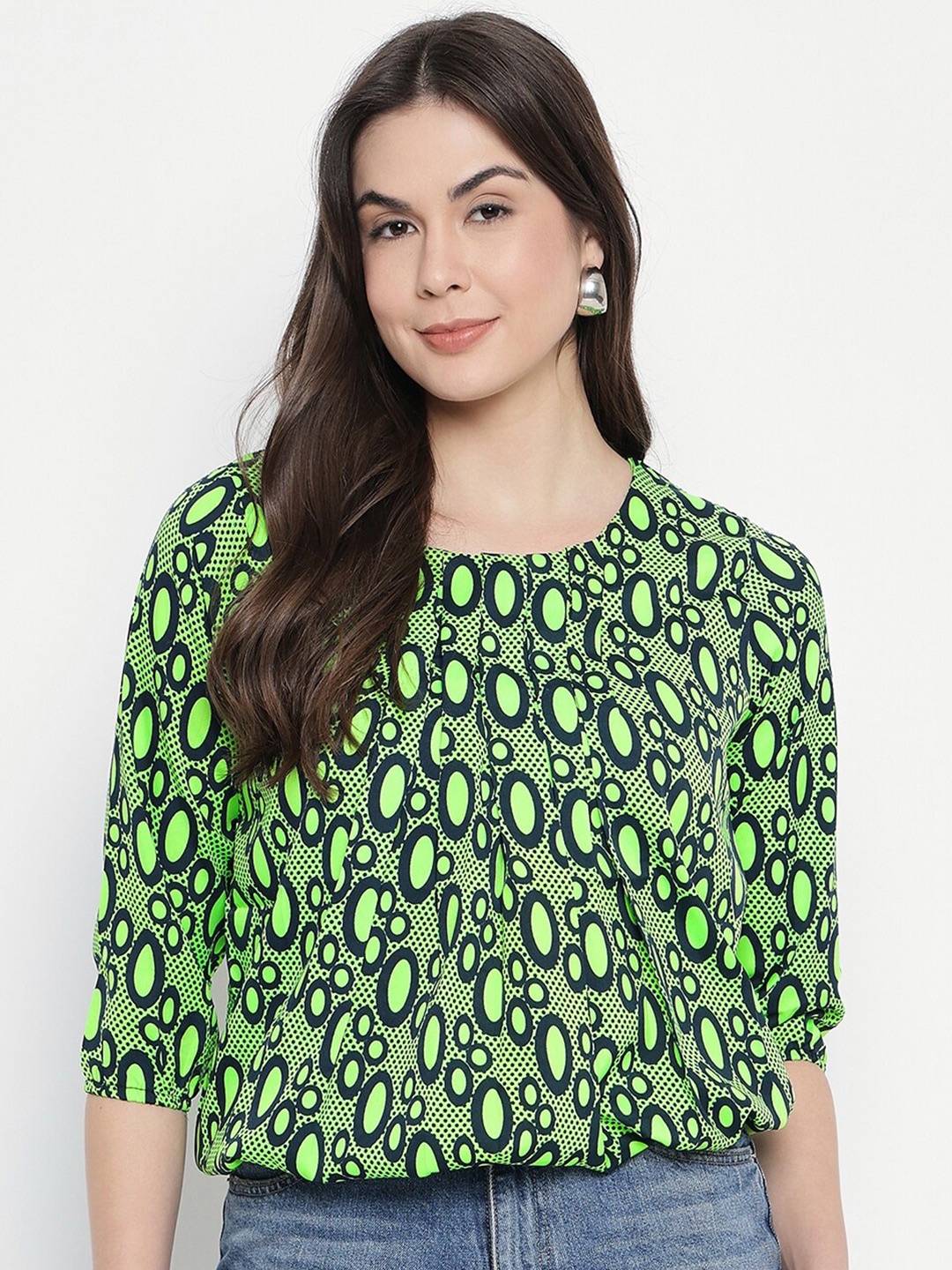 

Mayra Abstract Print Three-Quarter Sleeves Pleated Blouson Top, Fluorescent green