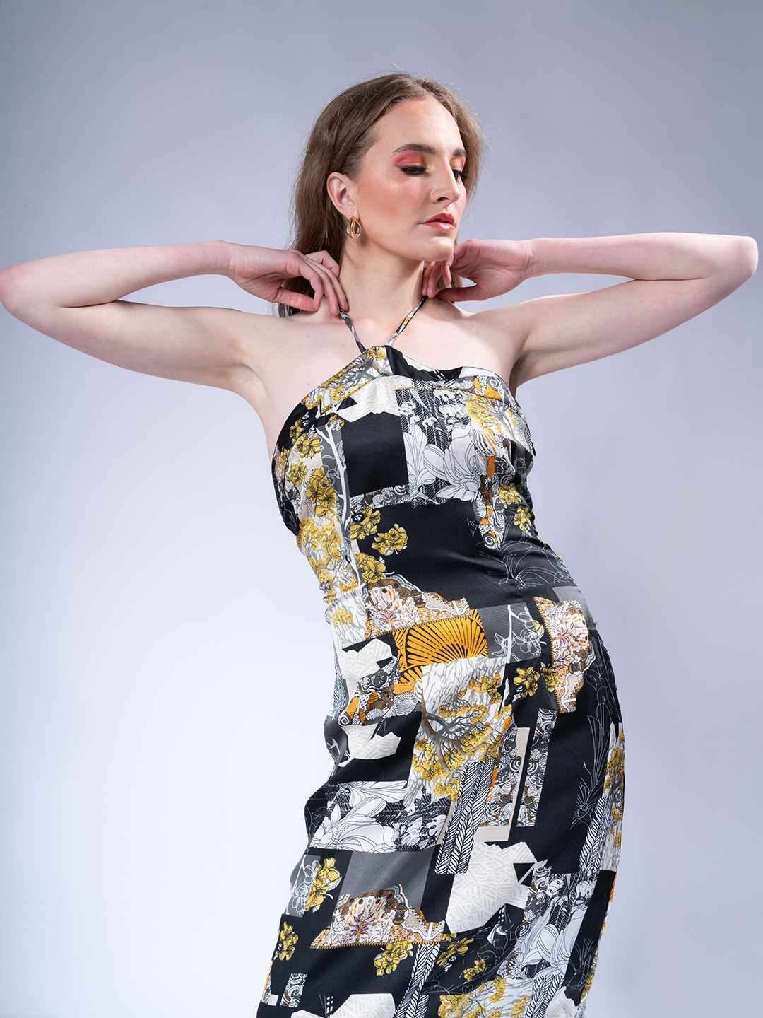 

Stylecast X Hersheinbox Printed Satin A-Line Midi Dress, Black