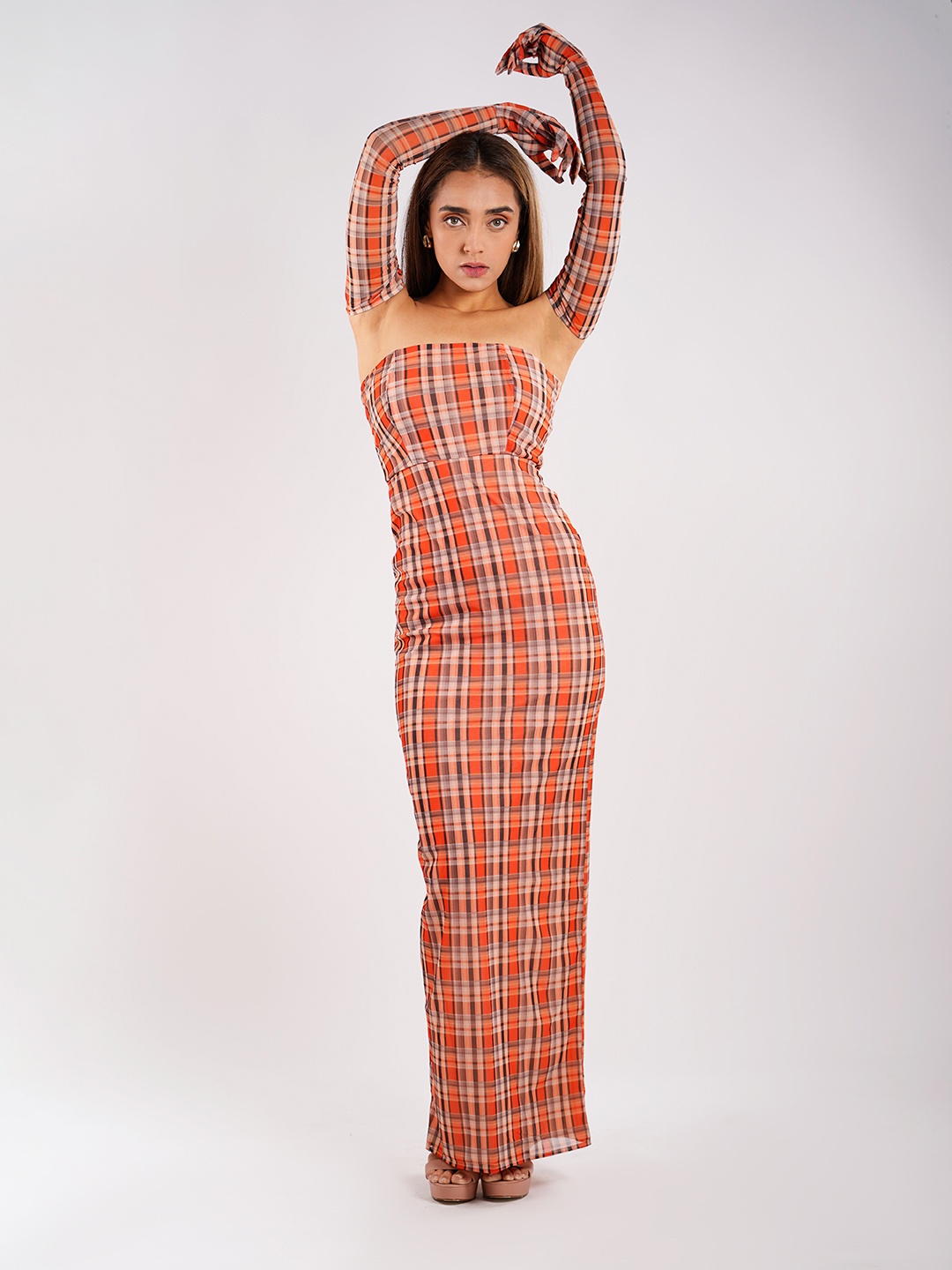 

Stylecast X Hersheinbox Checked Slit Maxi Dress with Gloves, Orange