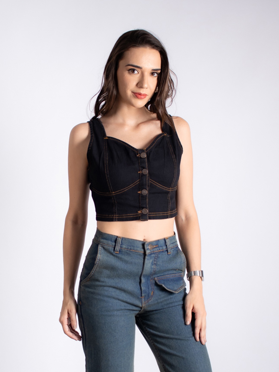 

Stylecast X Hersheinbox Cotton Denim Corset Top, Black