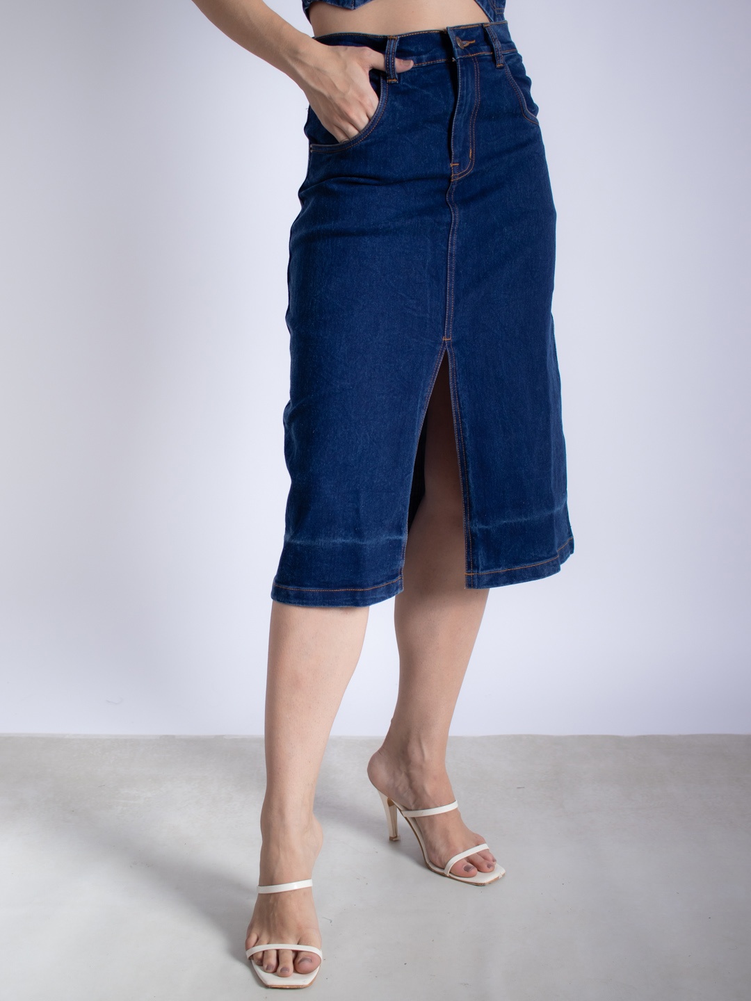 

Stylecast X Hersheinbox Front-Slit Denim A-Line Skirt, Navy blue