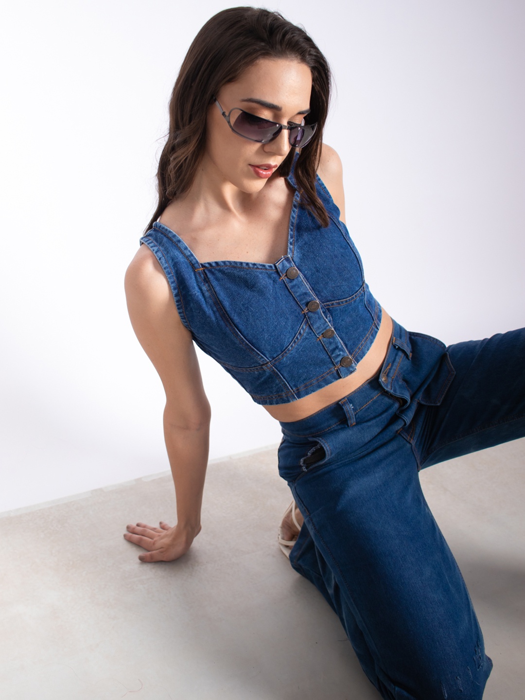 

Stylecast X Hersheinbox Sweetheart Neck Smocked Denim Corset Crop Top, Navy blue