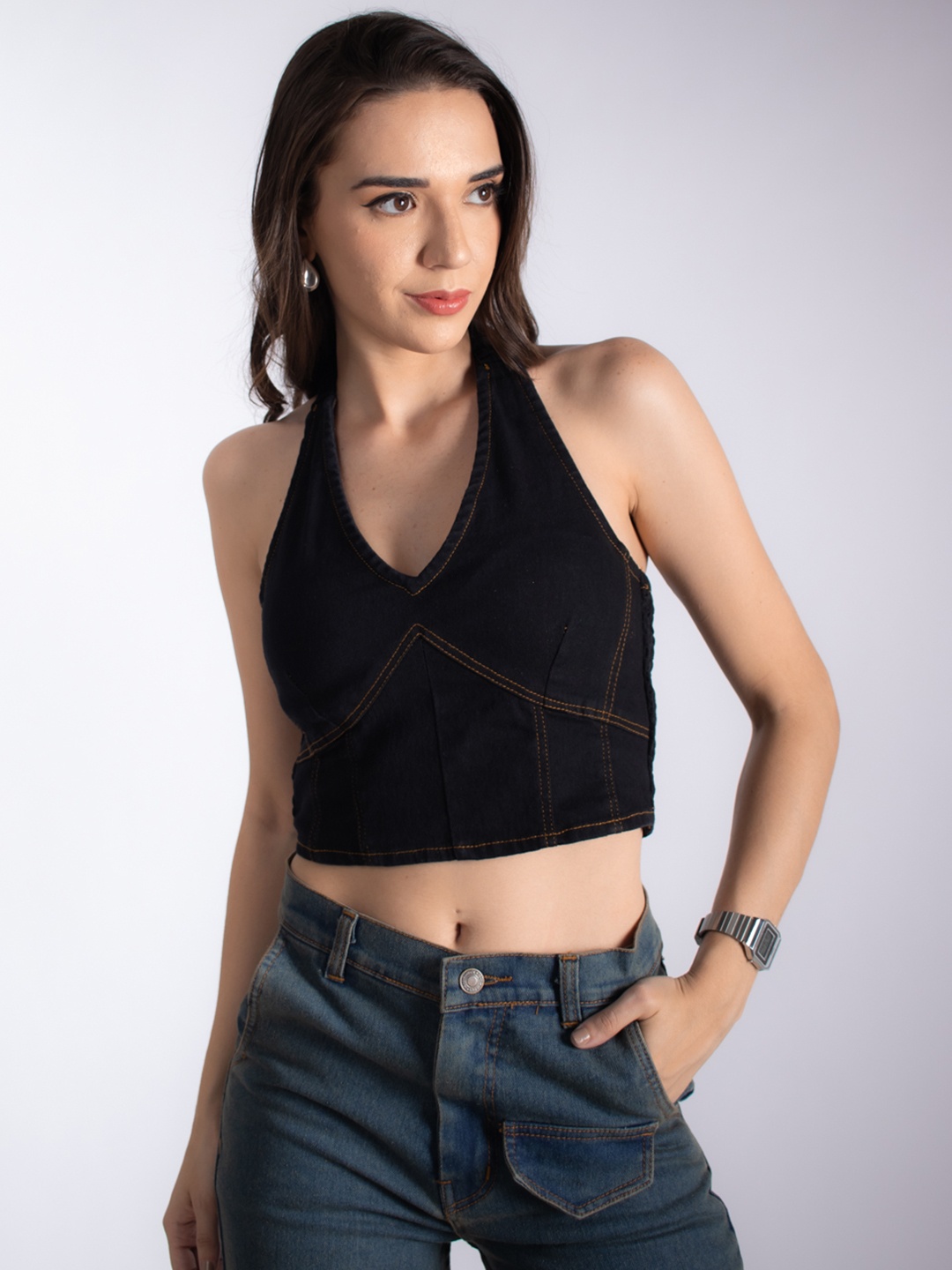 

Stylecast X Hersheinbox Halter Neck Smocked Denim Crop Top, Black
