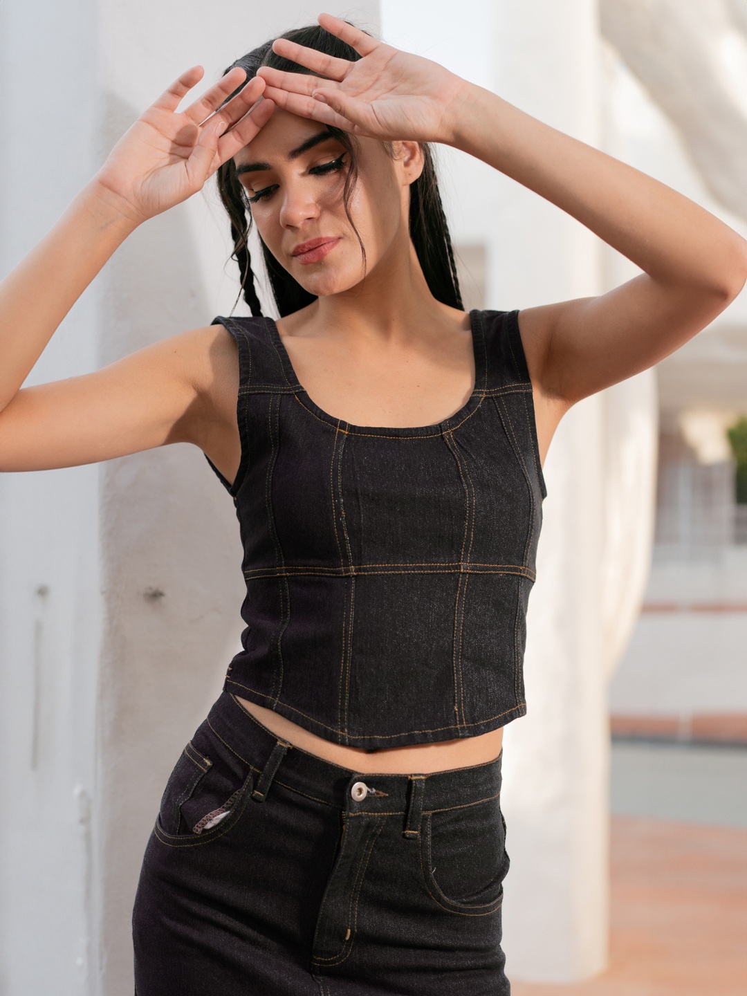 

Stylecast X Hersheinbox Cotton Denim Crop Corset Top, Black