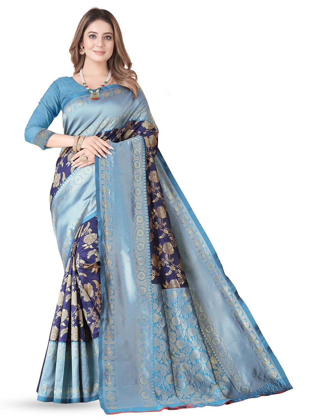

MUKHITA Ethnic Motifs Woven Design Zari Kanjeevaram Saree, Navy blue