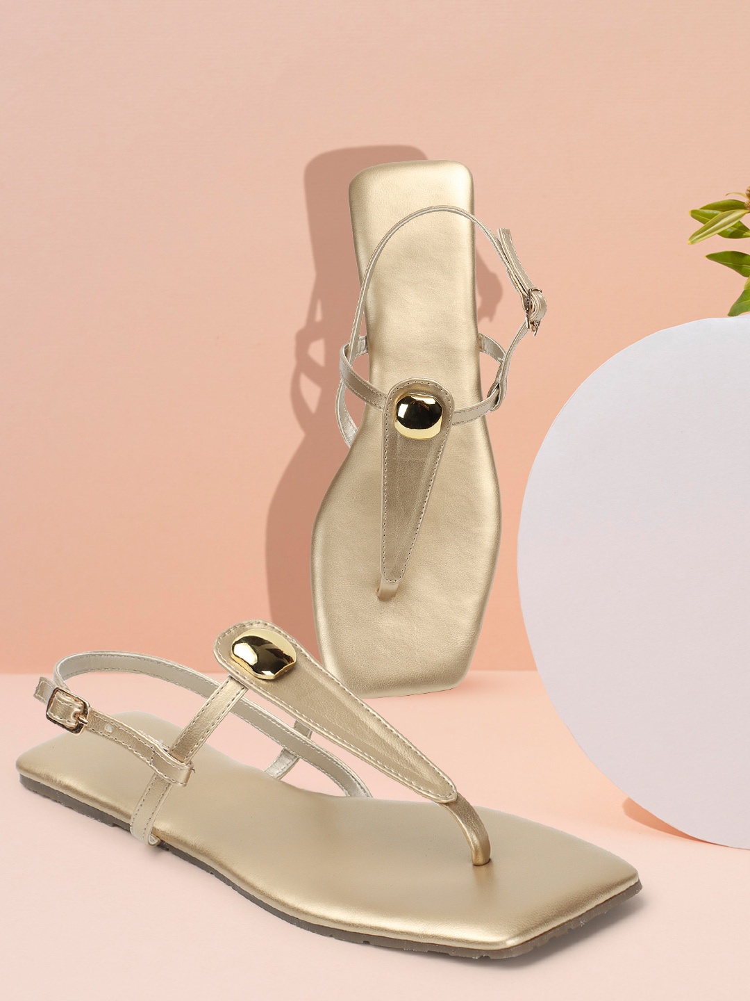 

DressBerry Gold-Toned Open Toe T-Strap Flats