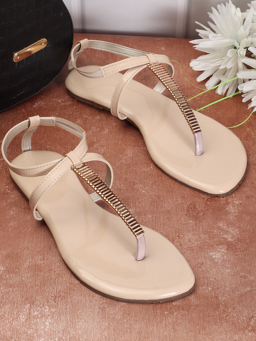 

DressBerry Textured Open Toe T-Strap Flats, Cream