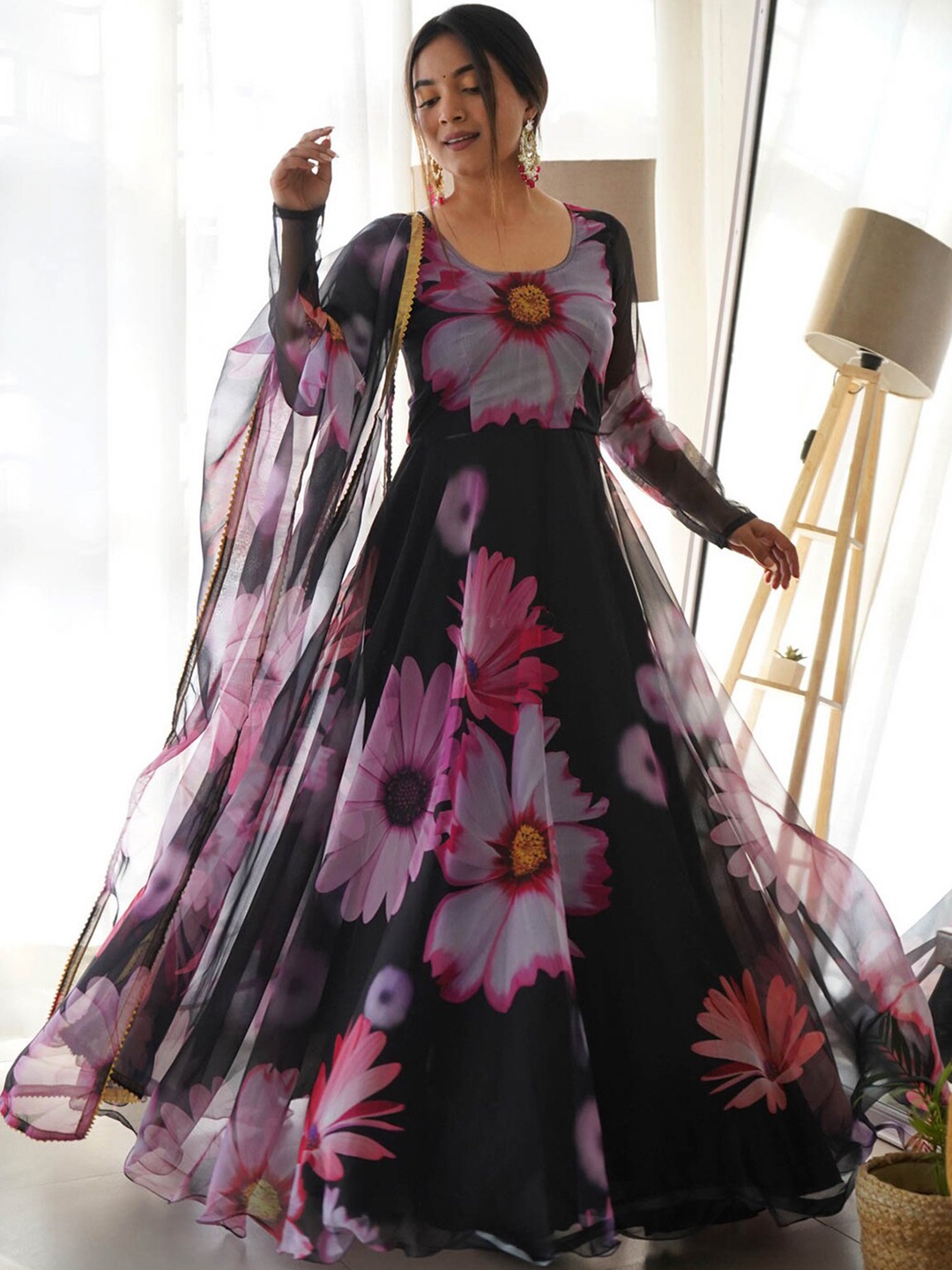 

KALINI Floral Printed Round Neck Maxi Gown Ethnic Dresses With Dupatta, Black