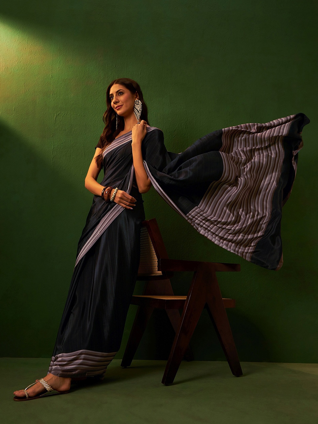 

Sangria Grey Ethnic Striped Border Saree