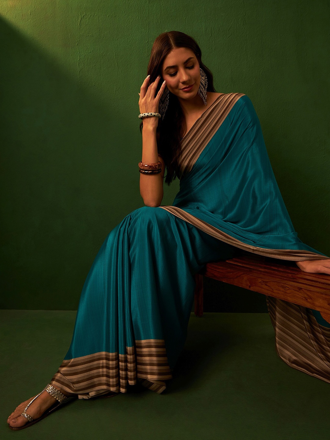 

Sangria Ethnic Striped Border Saree, Turquoise blue