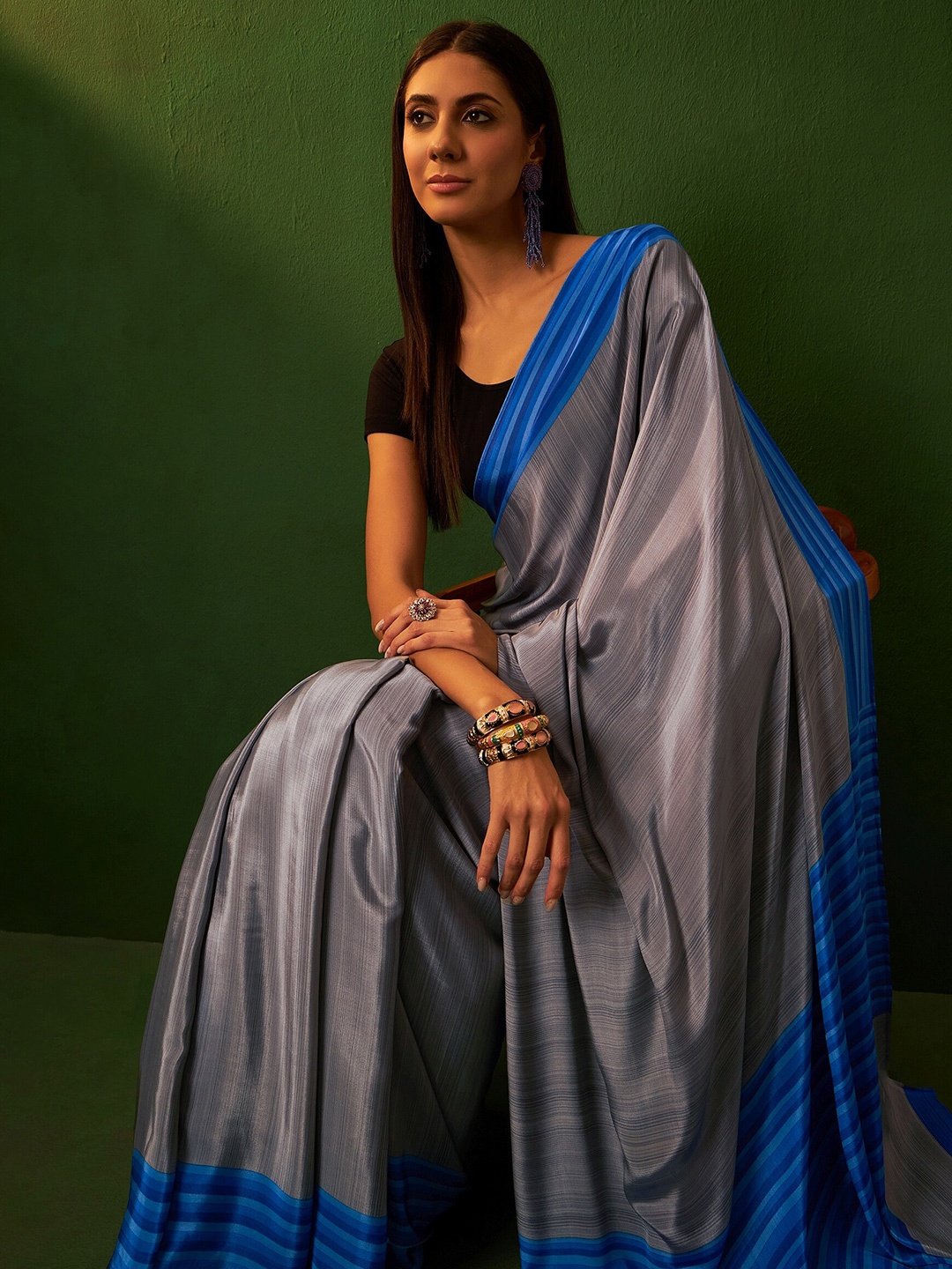 

Sangria Ethnic Striped With Striped Border Saree, Blue