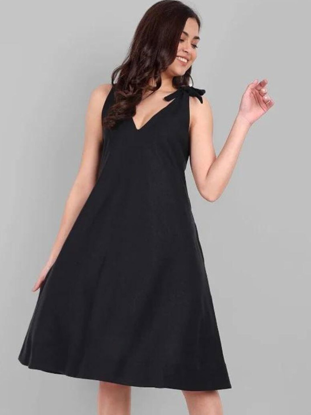 

Mera Rang V-Neck Cotton A-Line Dress, Black