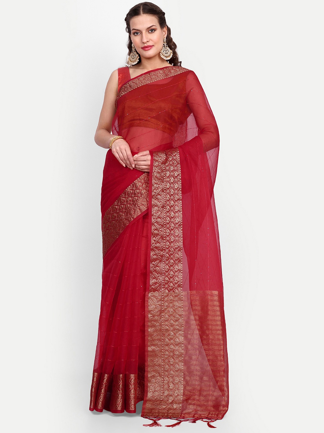 

Sareeslatest Designer Striped Sequinned Organza Banarasi Saree, Red