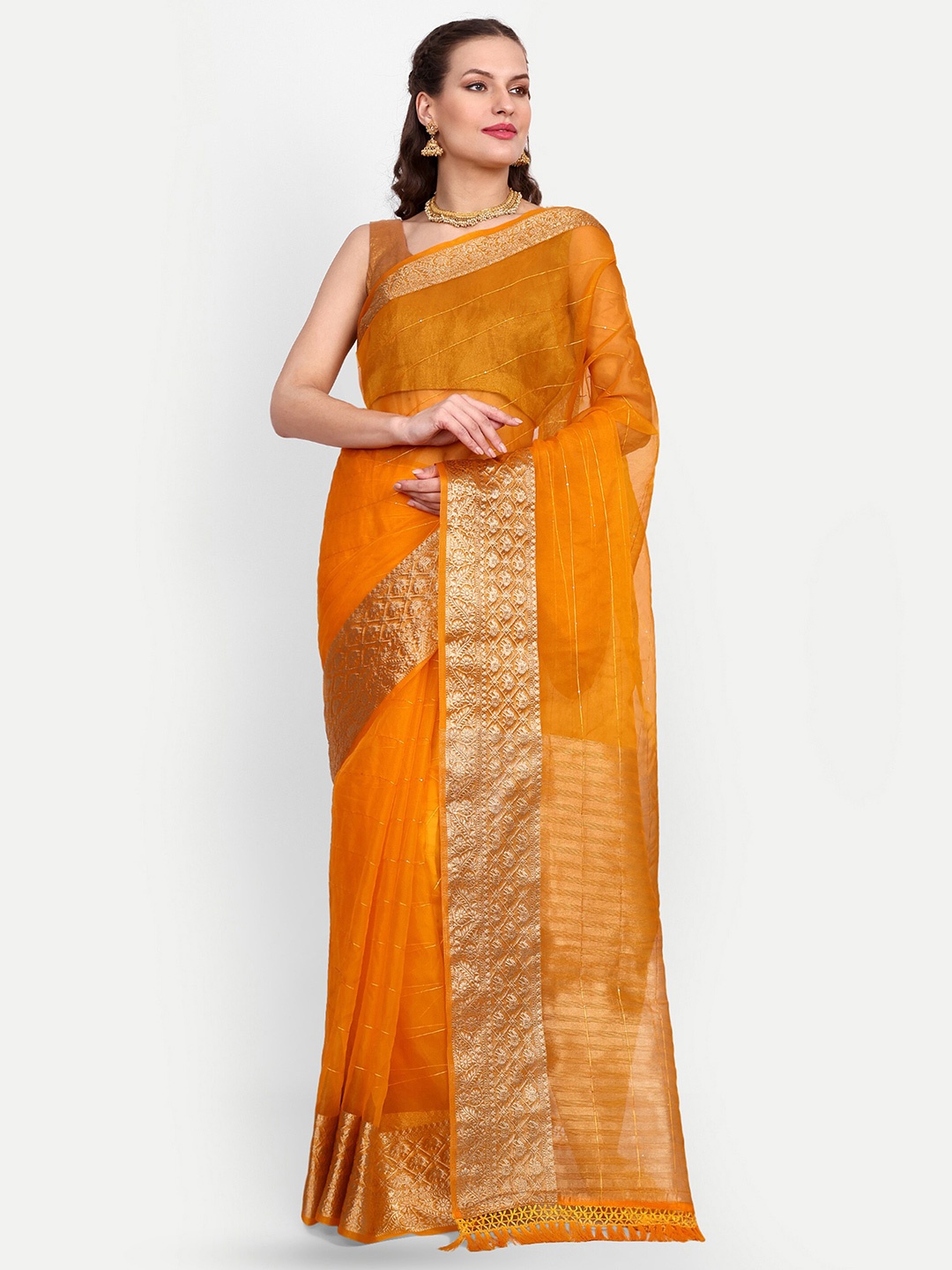 

Sareeslatest Designer Striped Sequinned Organza Banarasi Saree, Yellow