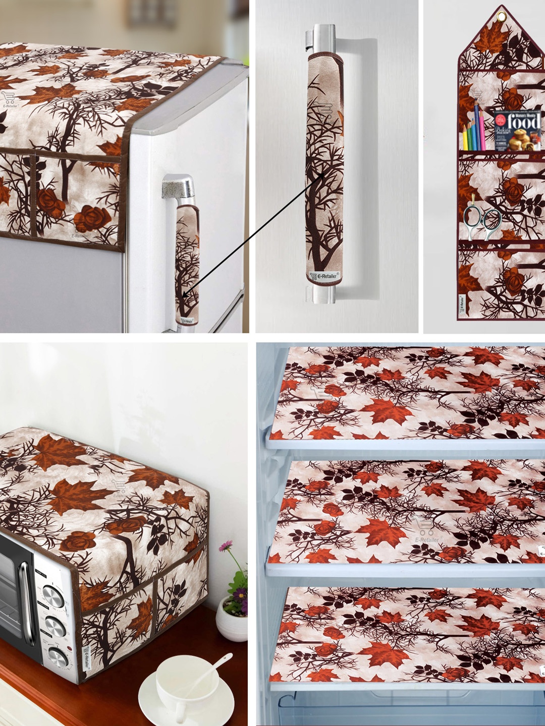 

E-Retailer 7 Pcs Brown & Maroon Floral Printed Fridge Oven & Fridge Mat Appliance Covers