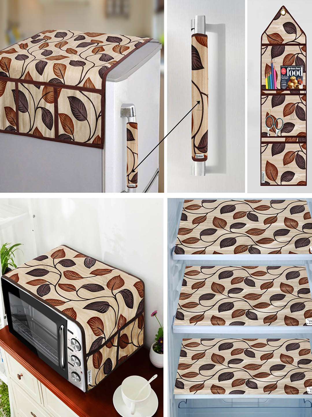 

E-Retailer 7 Pcs Brown Floral Printed Fridge Oven & Fridge Mat Appliance Covers