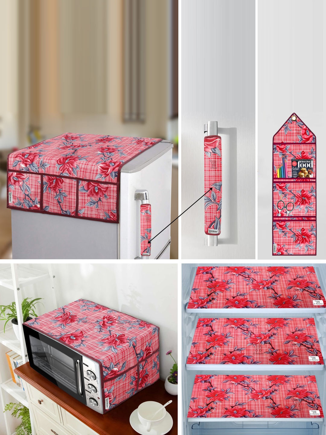 

E-Retailer 7 Pcs Red & Grey Floral Printed Fridge Oven & Fridge Mat Appliance Covers