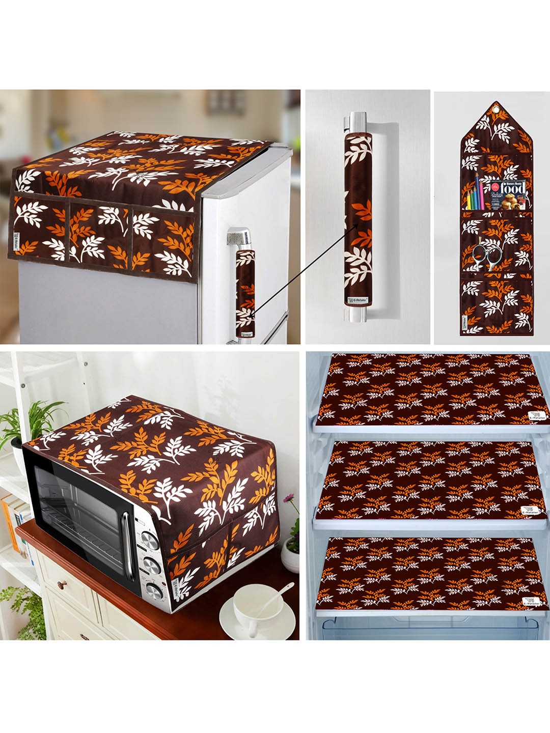 

E-Retailer Brown 7 Pieces Printed Fridge & Oven Cover with Wall Hanging Storage Organiser