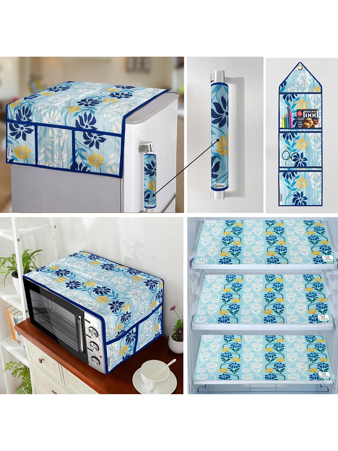 

E-Retailer Blue & White 7 Pieces Floral Printed Appliances Cover Combo Set