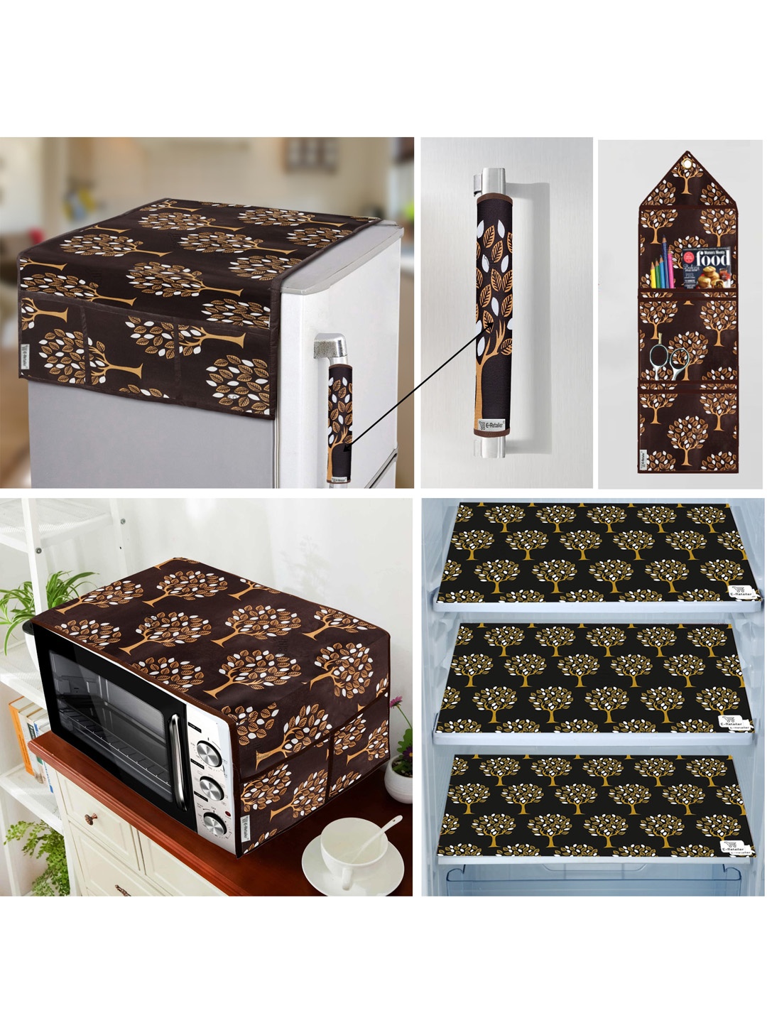 

E-Retailer Brown 7 Pieces Printed Fridge & Oven Cover With Wall Hanging Storage Organiser