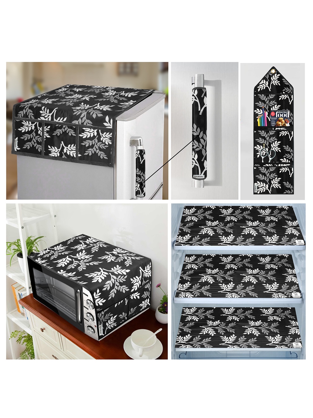 

E-Retailer Black 7 Pcs Printed Fridge & Oven Cover with Wall Hanging Storage Organiser