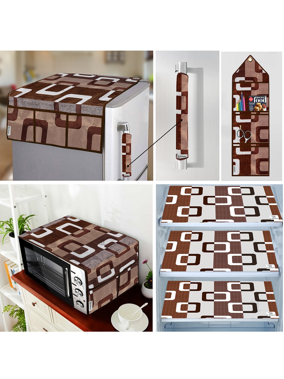 

E-Retailer Brown 7 Pcs Printed Fridge & Oven Cover with Wall Hanging Storage Organiser