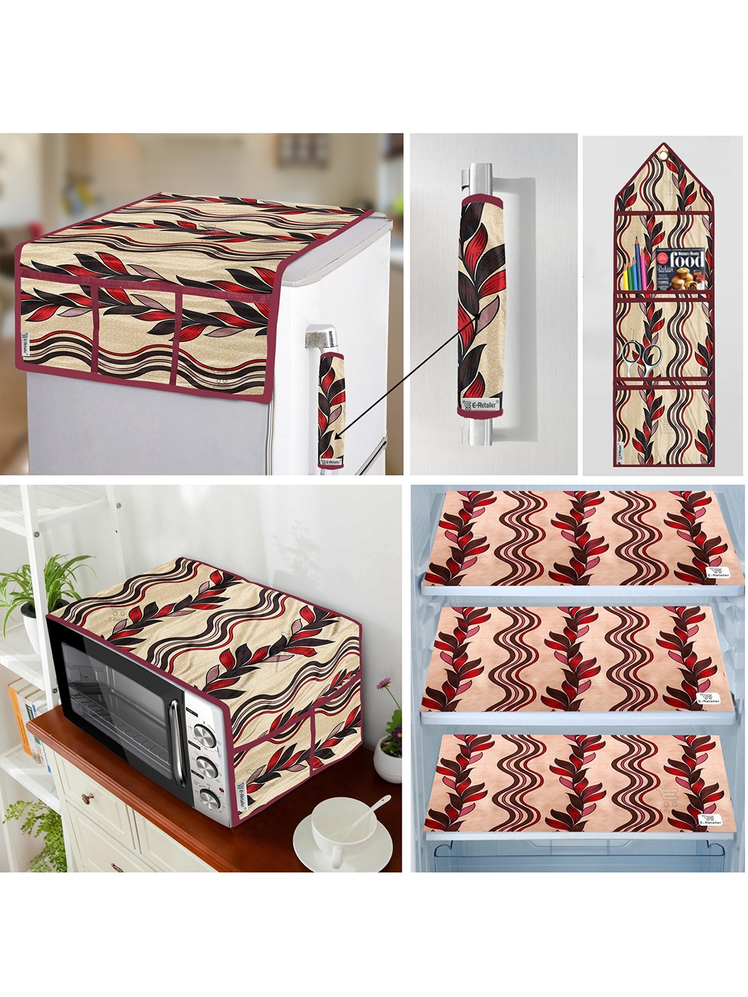 

E-Retailer Red Printed 7 Pieces Fridge & Oven Cover with Wall Hanging Storage Organiser