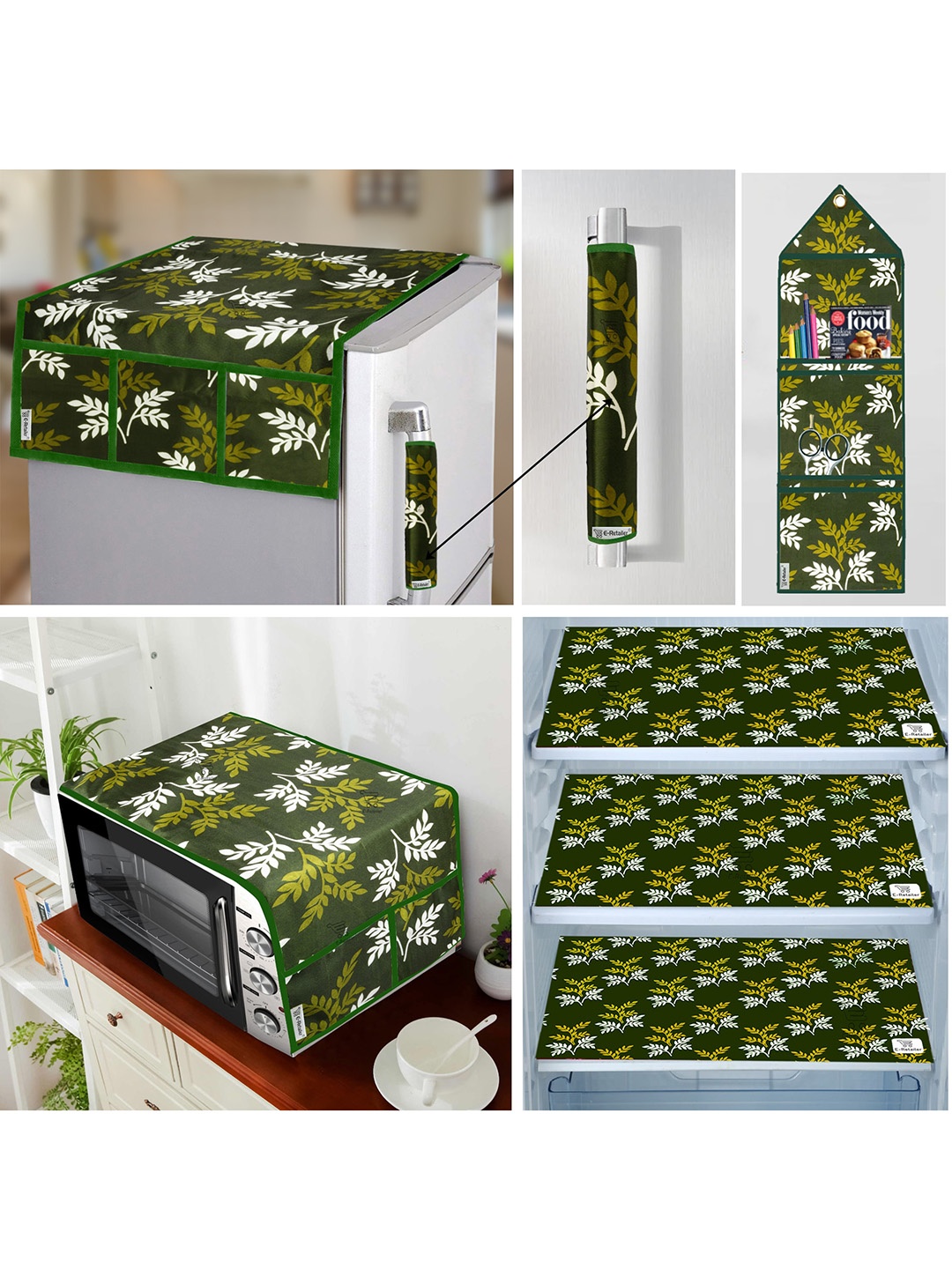 

E-Retailer Green 7 Pieces Printed Fridge & Oven Cover with Wall Hanging Storage Organiser