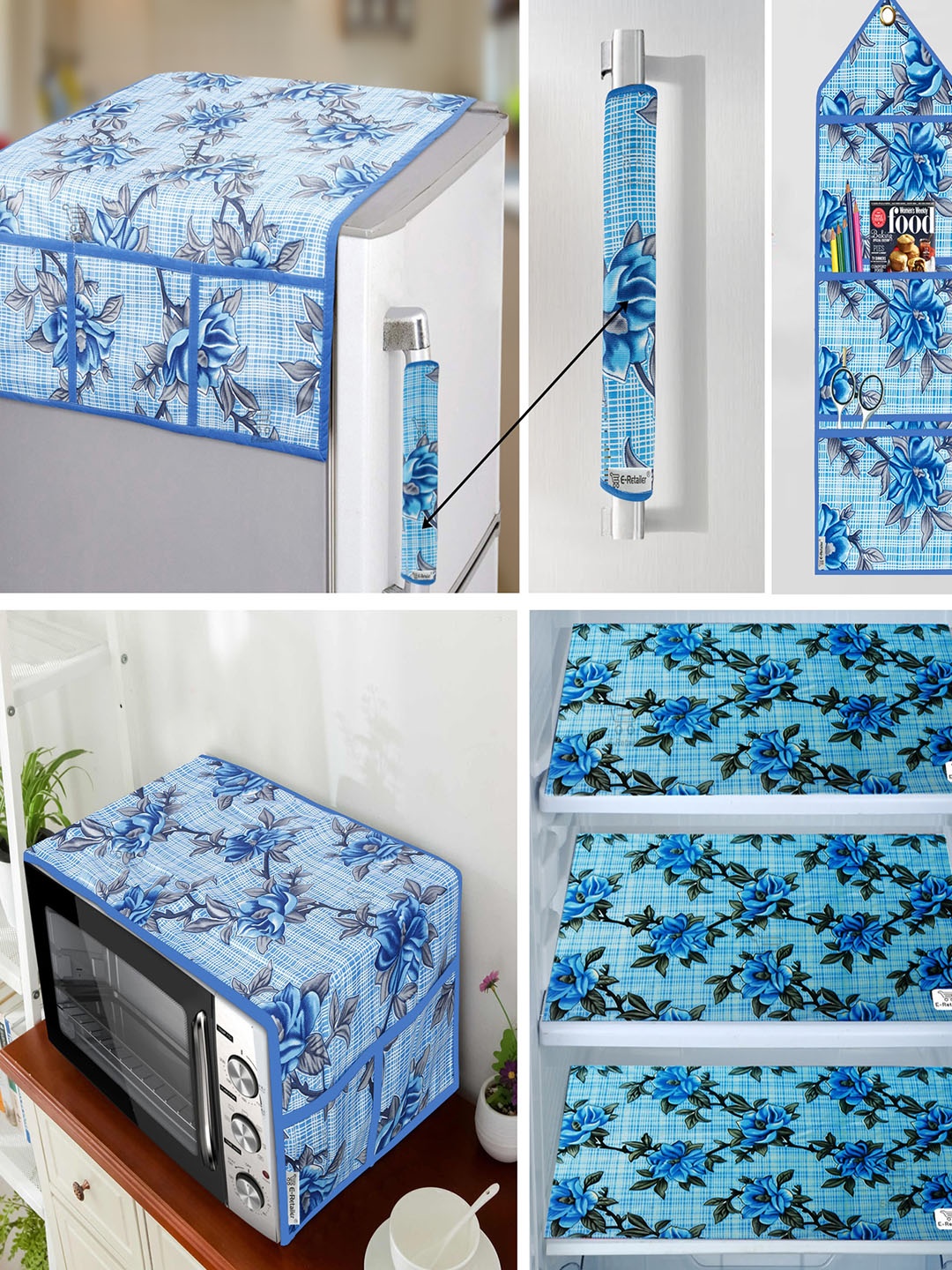 

E-Retailer Blue 7 Pieces Floral Fridge & Oven Cover With Wall Hanging Storage Organiser