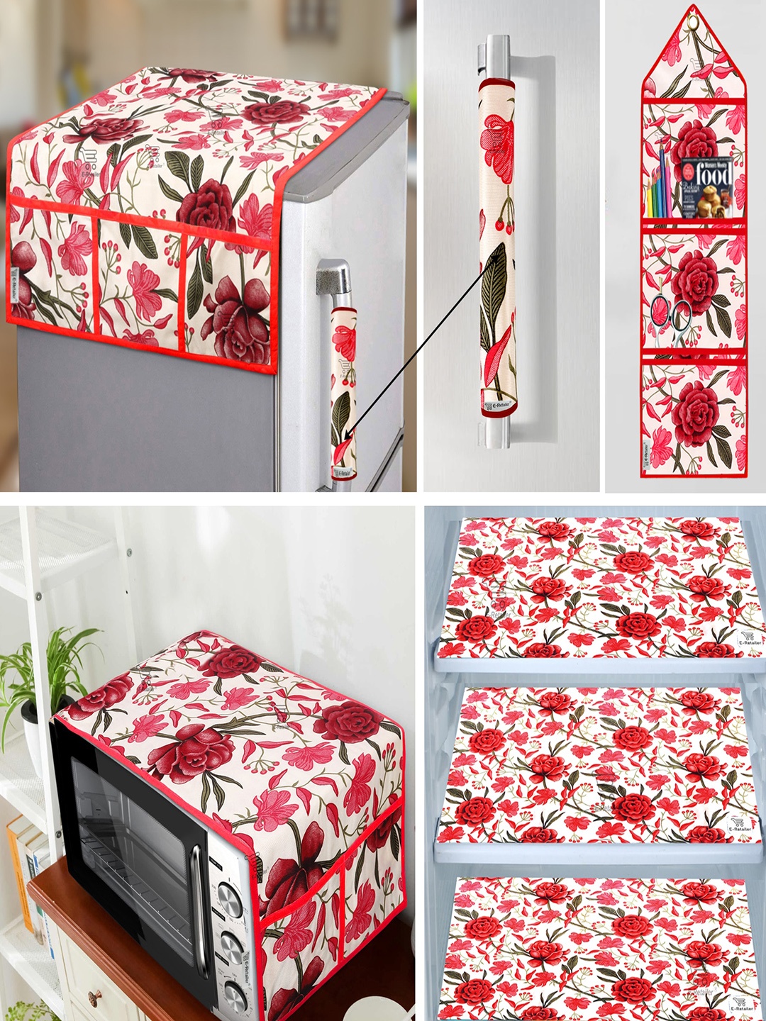 

E-Retailer Red 7 Pieces Printed Fridge & Oven Cover with Wall Hanging Storage Organiser