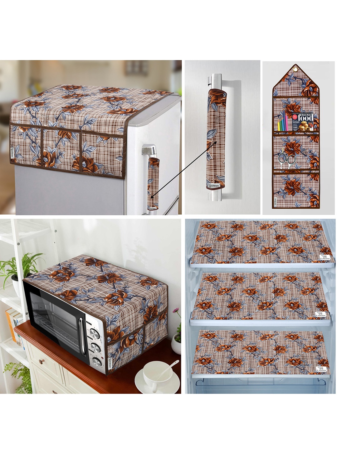 

E-Retailer Brown 7 Pcs Printed Fridge & Oven Cover with Wall Hanging Storage Organiser