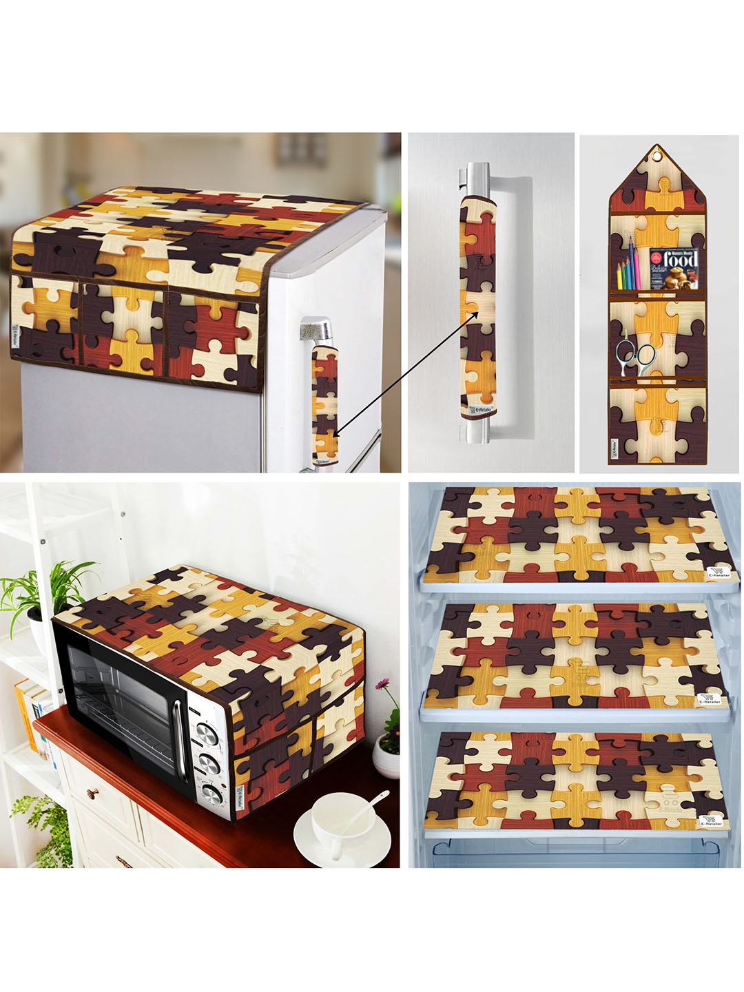 

E-Retailer Brown 7 Pieces Printed Fridge & Oven Cover With Wall Hanging Storage Organiser