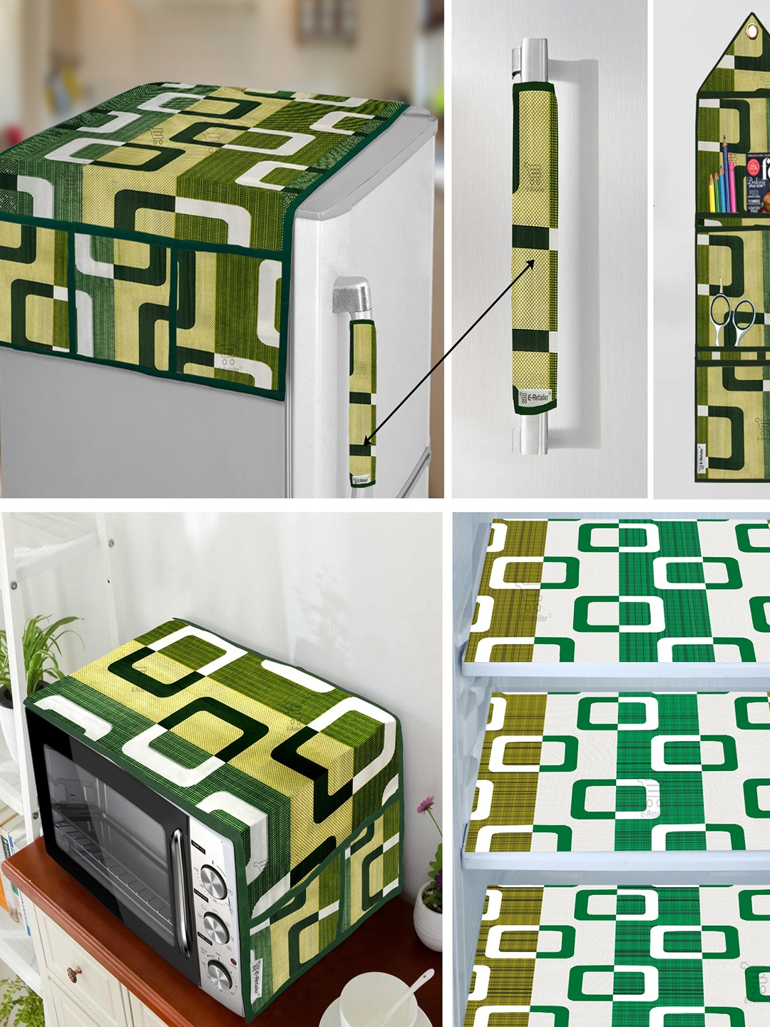 

E-Retailer Green 7 Pcs Printed Fridge & Oven Cover with Wall Hanging Storage Organiser