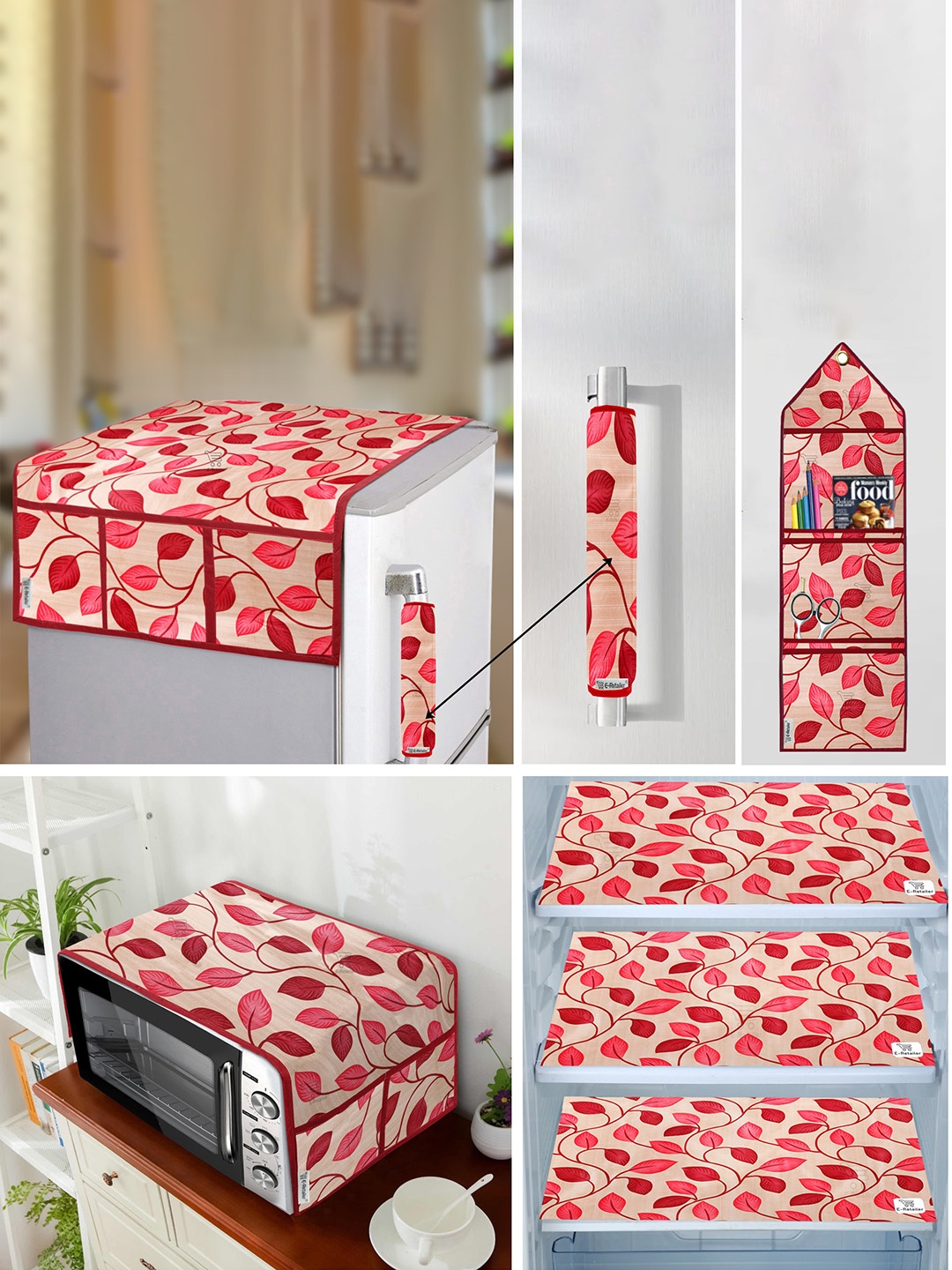 

E-Retailer Red & Beige 7 Pieces Floral Printed Appliances Cover Combo Set