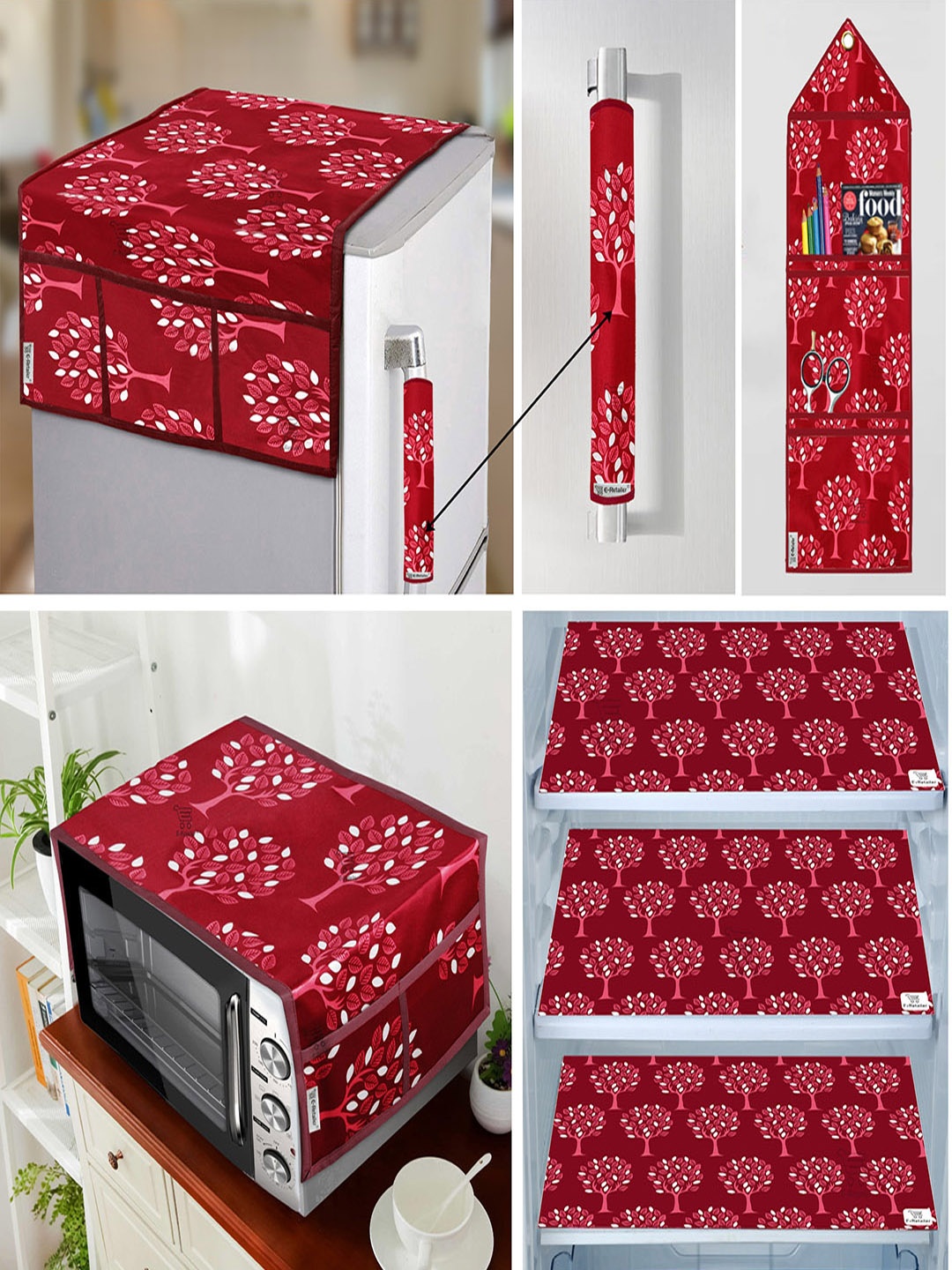 

E-Retailer 7 Pcs Maroon & Pink Floral Printed Fridge Oven & Fridge Mat Appliance Covers