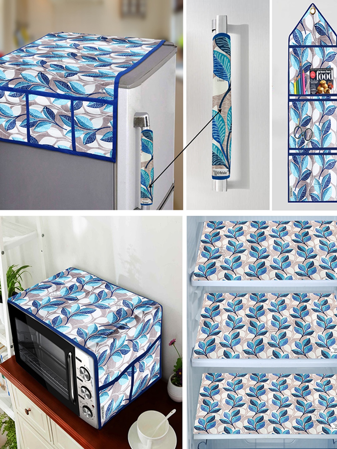 

E-Retailer 7 Pcs Blue & Beige Floral Printed Fridge Oven & Fridge Mat Appliance Covers